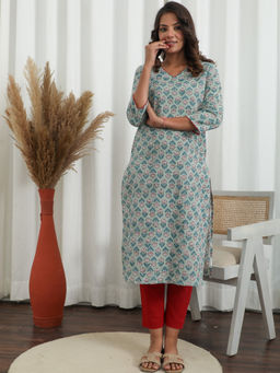 Sooti Syahi - Women Blue Printed Pure Cotton Kurta