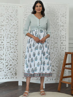 Sooti Syahi - Women White Floral Print Pure Cotton Dress