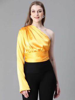Oxolloxo - Women's Solid Yellow Elasticated One Off-Shoulder Satin Top