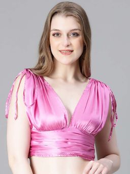 Oxolloxo - Women's Solid Pink Elasticated Tie-Up Satin Crop Top