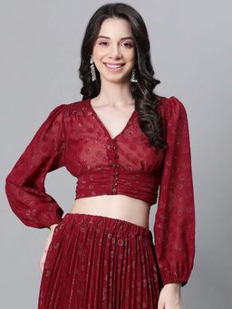 Oxolloxo - Women's Maroon Tie-Knotted Buttoned Lurex Crop Top