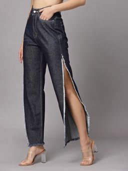 KASSUALLY - Navy Blue High Slit High Rise Jeans