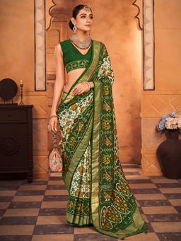 Akhilam - Womens Silk Blend White Woven Designer Saree with Unstitched Blouse