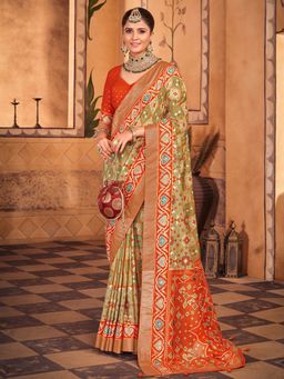 Akhilam - Womens Silk Blend Olive Woven Designer Saree with Unstitched Blouse