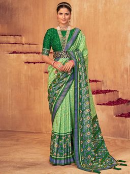 Akhilam - Womens Silk Blend Green Woven Designer Saree with Unstitched Blouse