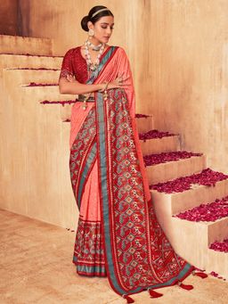Akhilam - Womens Silk Blend Peach Woven Designer Saree with Unstitched Blouse