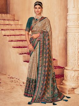 Akhilam - Womens Silk Blend Cream Woven Designer Saree with Unstitched Blouse