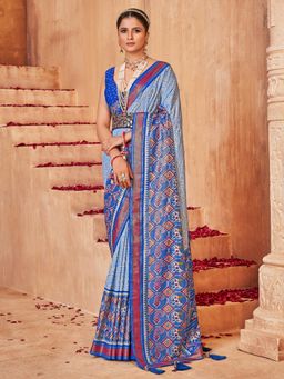 Akhilam - Womens Silk Blend Blue Woven Designer Saree with Unstitched Blouse