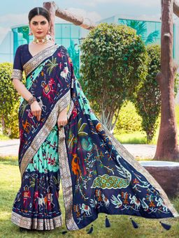 Akhilam - Womens Viscose Turquoise Woven Designer Saree with Unstitched Blouse