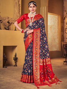 Akhilam - Womens Silk Blend Navy Blue Woven Designer Saree with Unstitched Blouse