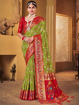 Akhilam - Womens Silk Blend Green Woven Designer Saree with Unstitched Blouse