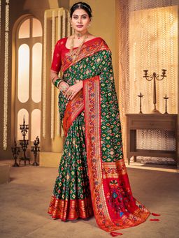 Akhilam - Womens Silk Blend Green Woven Designer Saree with Unstitched Blouse