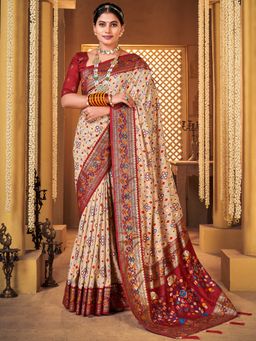 Akhilam - Womens Silk Blend Cream Woven Designer Saree with Unstitched Blouse