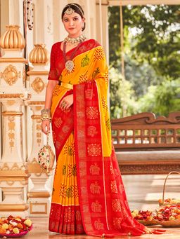 Akhilam - Womens Silk Blend Yellow Embellished Designer Saree with Unstitched Blouse