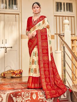 Akhilam - Womens Silk Blend Cream Embellished Designer Saree with Unstitched Blouse