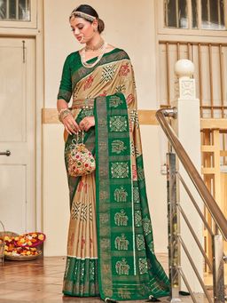 Akhilam - Womens Silk Blend Beige Embellished Designer Saree with Unstitched Blouse