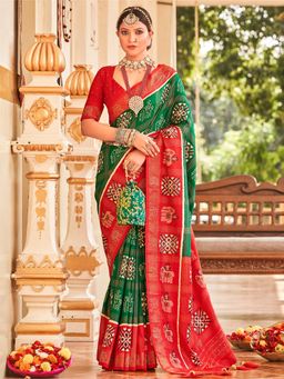 Akhilam - Womens Silk Blend Green Embellished Designer Saree with Unstitched Blouse