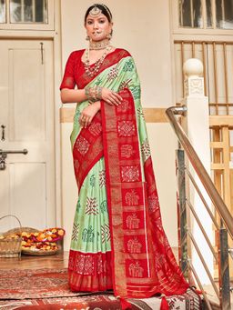 Akhilam - Womens Silk Blend Light Green Embellished Designer Saree with Unstitched Blouse
