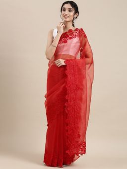 Vastranand - Red Embroidered Organza Saree with Unstitched Blouse