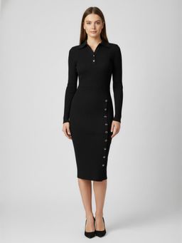 ANVI Be Yourself - Black Ribbed Collared Neck Long Sleeve Buttoned Midi Casual Dress