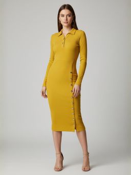 ANVI Be Yourself - Yellow Ribbed Collared Neck Long Sleeve Buttoned Midi Casual Dress