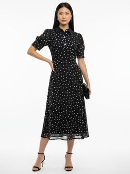 ANVI Be Yourself - Polka Dot Printed Black Georgette Peter Pan Neck Fit and Flare Midi Dress