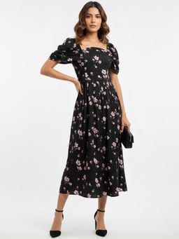 ANVI Be Yourself - Floral Printed Black Crepe Square Neck Fit and Flare Midi Dress