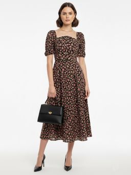 ANVI Be Yourself - Floral Printed Black Crepe Square Neck Fit and Flare Midi Dress