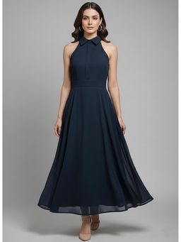 ANVI Be Yourself - Solid Navy Blue Georgette Collar Neck Sleeveless Fit and Flare Maxi Dress