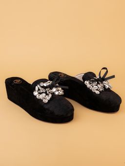 Alberto Torresi - Black Velvet Embellished Crystal Bow Detail Mules