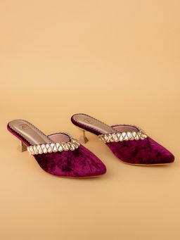 Alberto Torresi - Wine Velvet Embellished Heeled Mules