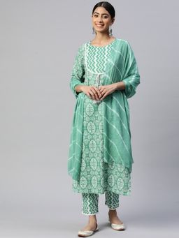 Vbuyz - Women's Printed Straight Cotton Sea Green Stitched Kurta Pant With Dupatta (Set of 3)
