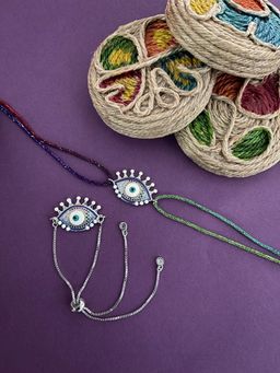 Digital Dress Room - Diamond EvilEye Charm Silver Bracelet&Thread Rakhi for Bhabhi-Brother (Pack of 2)