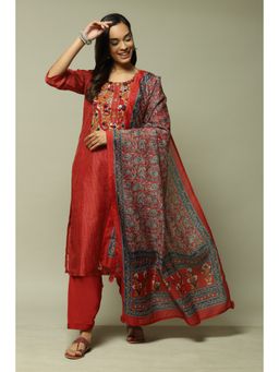Biba - Red Chanderi Unstitched Suit (Set of 3)