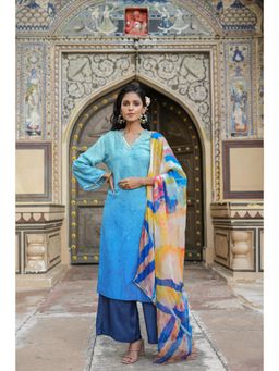 Scakhi - Blue Crepe Silk Floral Print Yoke Design Kurta with Palazzo & Dupatta (Set of 3)