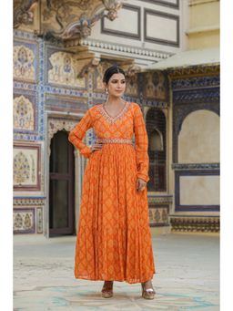 Scakhi - Orange Chinon Silk Bandhani Print Gathered Dress with Belt (Set of 2)