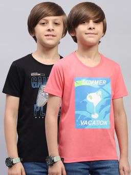 Monte Carlo - Boys Graphic Printed Pink and Black Round Neck T-Shirt (Pack of 2)