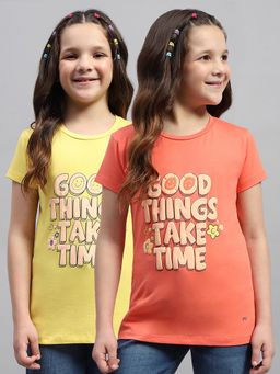 Monte Carlo - Girls Yellow and Orange Graphic Printed Round Neck T-Shirt (Pack of 2)