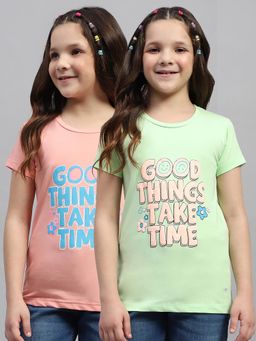 Monte Carlo - Girls Green and Peach Graphic Printed Round Neck T-Shirt (Pack of 2)