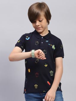 Monte Carlo - Boys Printed Navy Blue Polo Neck Half Sleeve T-Shirt