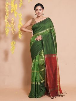 CHARUKRITI - Green Cotton Blend Handwoven Checkered Zari Woven Designs Saree with Unstitched Blouse