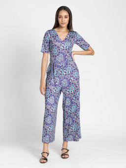 SHAYE - V-Neck Blue Printed Short Sleeves Casual Jumpsuit with Belt for Women (Set of 2)