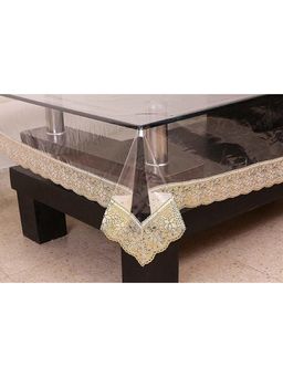 VIVALUXORA - Viva Transparent Designed Table Cover with Embraided Golden Floral Lace (6 Seater)