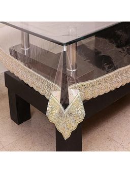 VIVALUXORA - Viva Transparent Designed Table Cover with Embraided Golden Floral Lace (8 Seater)