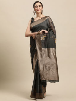 Sareemall - Women Linen Grey Woven Design Designer Saree with Unstitched Blouse Piece