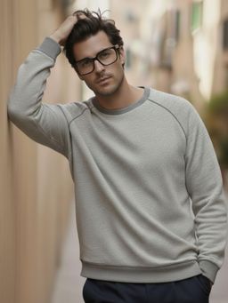 RIGO - Men Solid Grey Crew Neck Oversized Sweatshirt