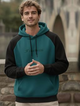 RIGO - Men Color Block Typography Teal Blue Oversized Hoodie