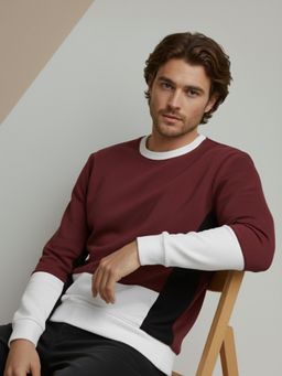 RIGO - Men Color Block Maroon Crew Neck Oversized Sweatshirt