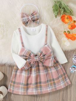 Hopscotch - Girls White Checkered Full-Sleeve Casual Dress with Headband