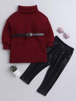 Hopscotch - Girls Red Solid Slim Fit Sweatshirt and Pant Set with Belt